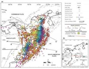 This is a tectonic map of northwestern South America and Panama showing plate boundaries and neotectonic fault systems and selective distribution of hypocentral solutions of ~30,000 earthquakes extracted from the entire catalog of the CNSN. (Credit: BSSA)