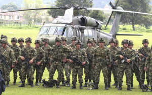 Colombian army troops stand in a military base in Popayan