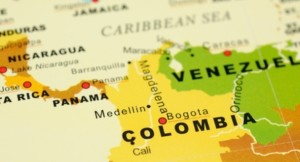 Close up of Bogota, Colomiba on map