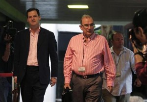 Colombia's lead government negotiator de la Calle walks next to security advisor Jaramillo as they arrive for talks in Havana