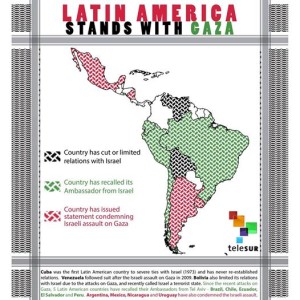 Map of Latin America with few countries coloured white (indicating that their governments have not openly expressed solidarity with Palestine). Credit: Telesur