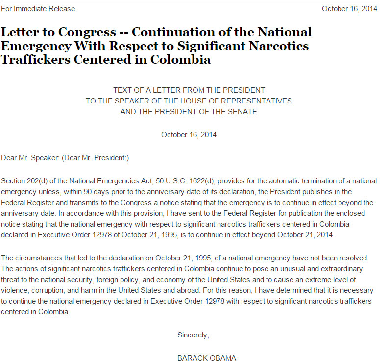 President Obama's letter to US Congress