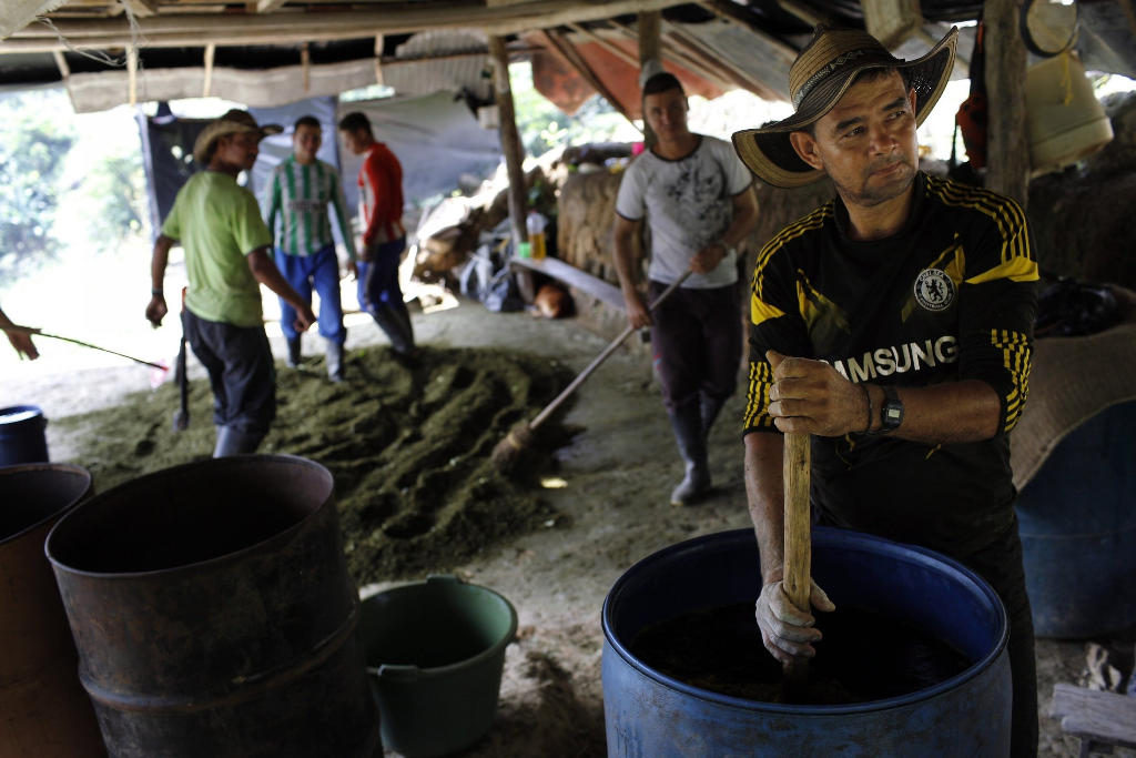Over one in 10 Colombians are allegedly involved in illegal activities. In this January 7, 2016, photo, a Colombian farmer stirs a mix of mulched coca leaves and cement with gasoline, as part of the initial process to make coca paste, at a small lab in Antioquia, Colombia.AP Photo/Rodrigo Abd